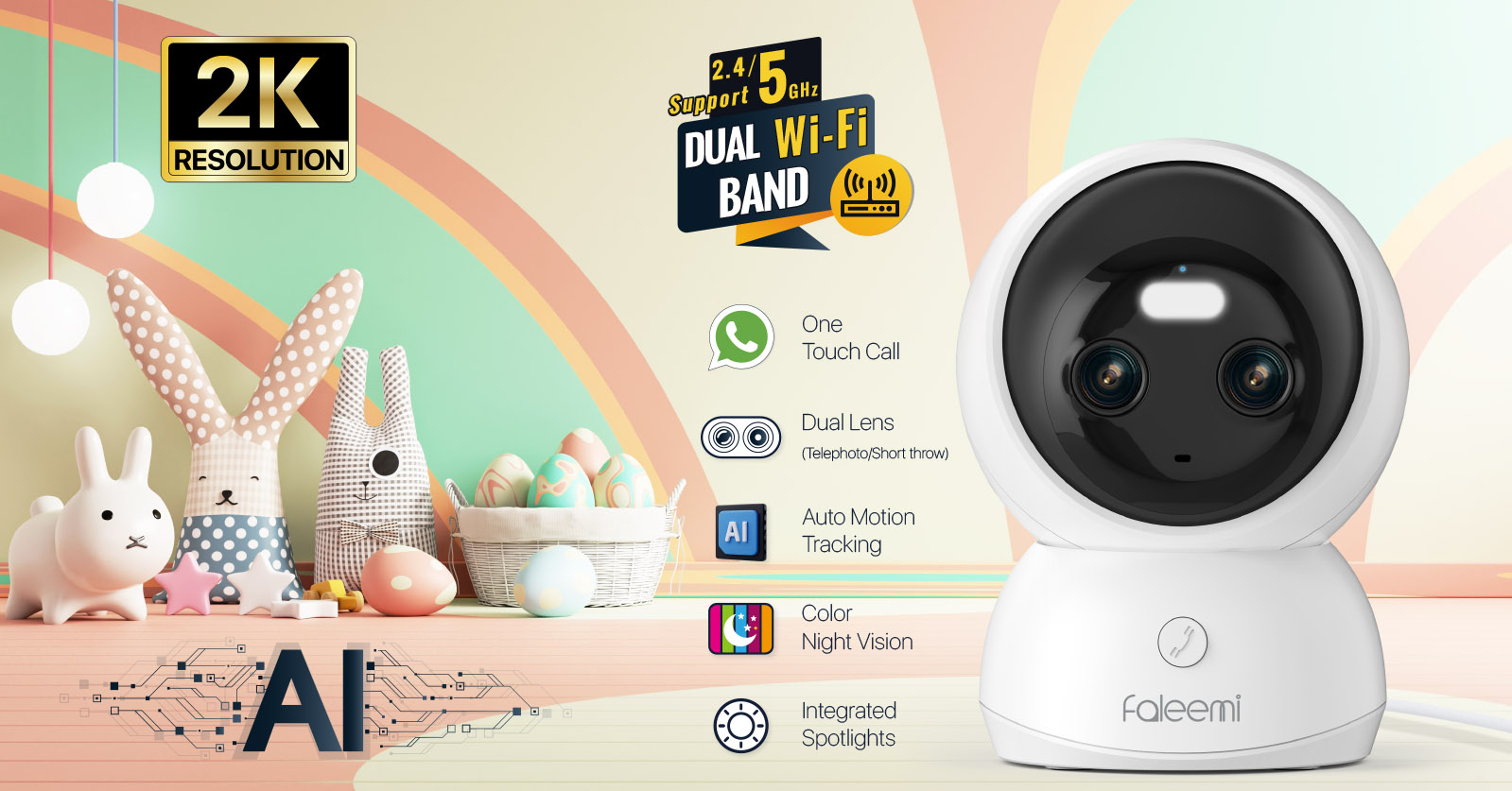 Faleemi 2K WiFi Dual Lens Dual band Smart Security Camera-NEW